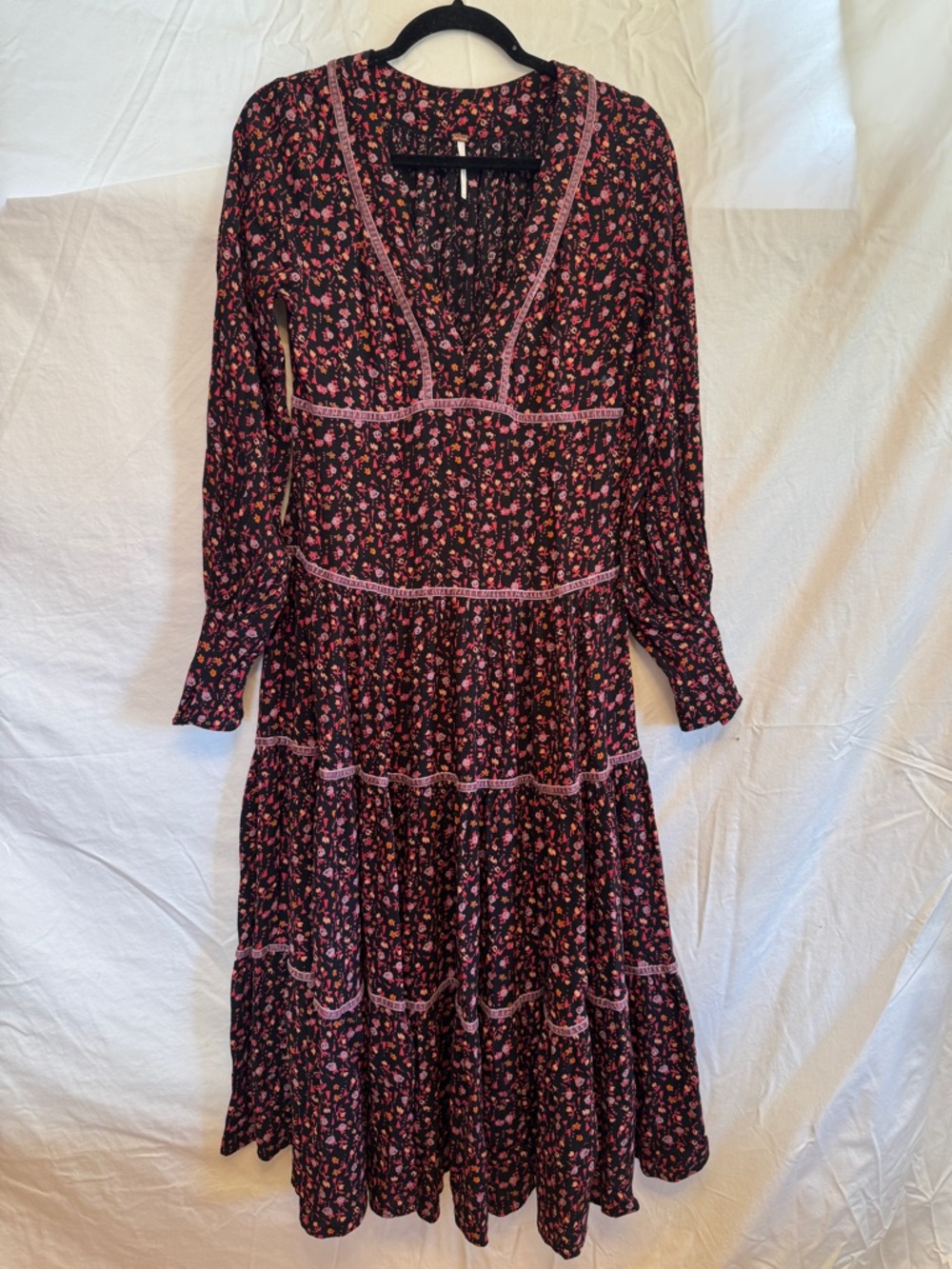Free People Floral Boho Midi Dress Womens 10 Velvet Trim Tiered Long Sleeve - Picture 2 of 7
